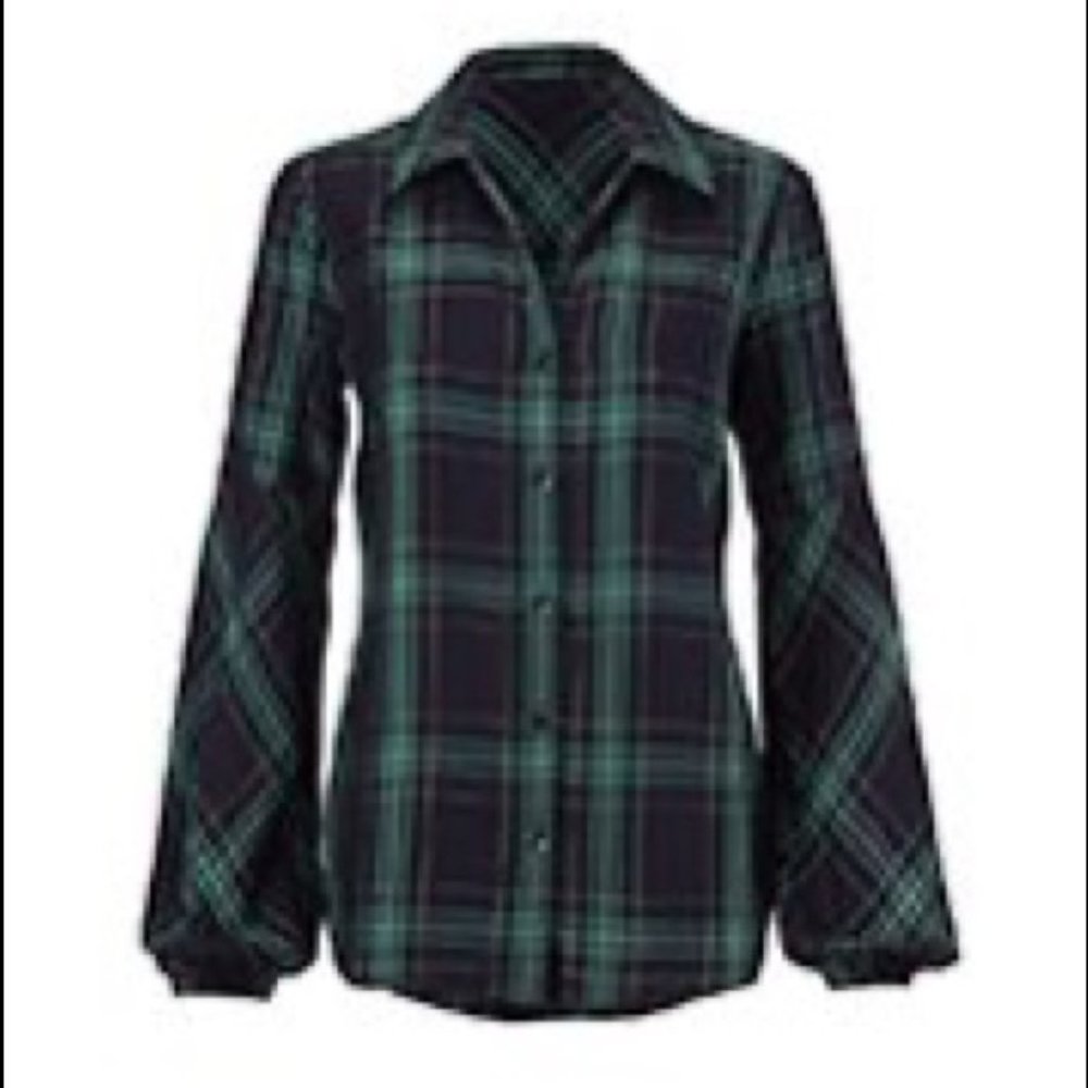 CAbi Black and Green Plaid Blouse